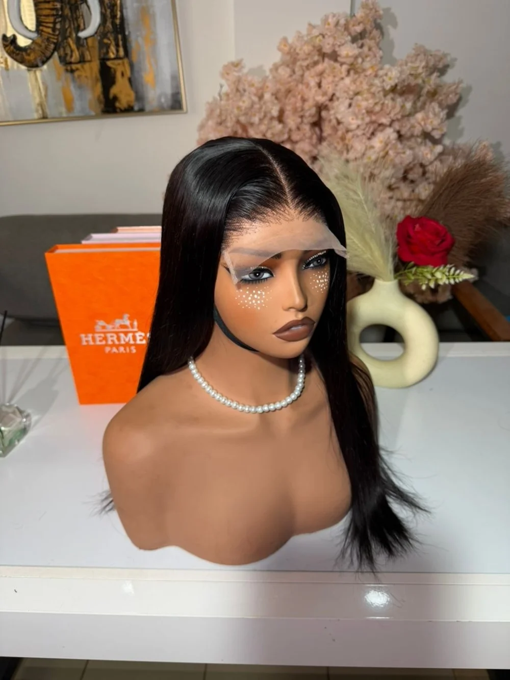 Hermes Black Straight Lace Front Wig with Defined Middle Part